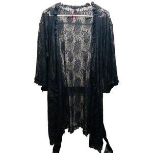 Seven Til Midnight Lace Kimono‎ Robe Women's M/L Belted Black 3/4 Sleeve EUC